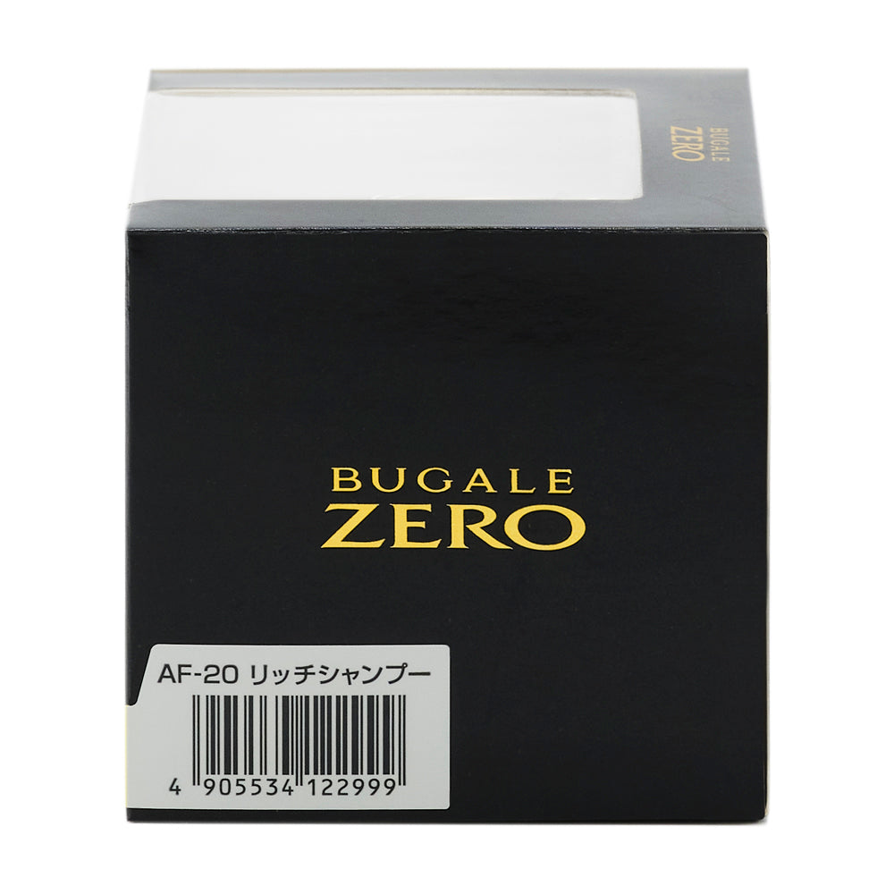 化粧箱の側面。BUGALE ZERO のロゴと、品番AF-20 リッチシャンプー のバーコード