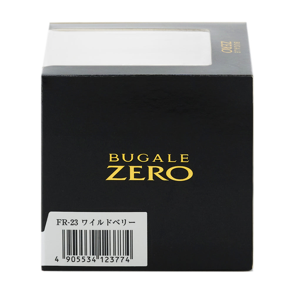 化粧箱の側面。BUGALE ZERO のロゴと、品番FR-23 ワイルドベリー のバーコード
