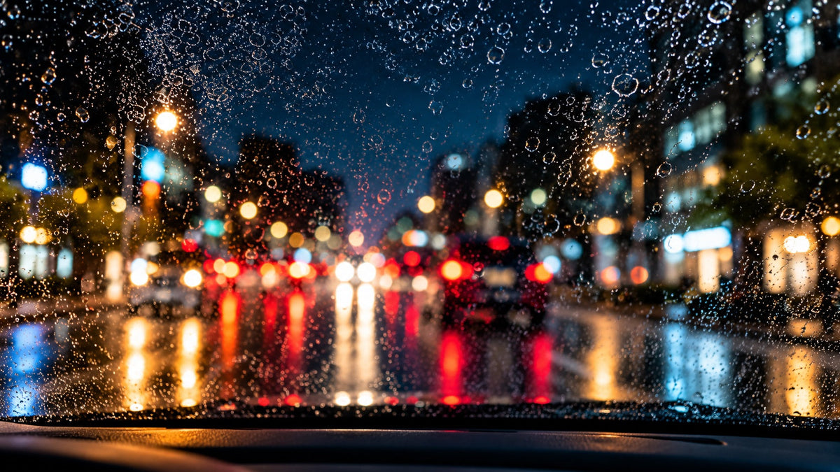 雨の夜、フロントガラスの水滴と光のにじみで前方が見えにくい様子