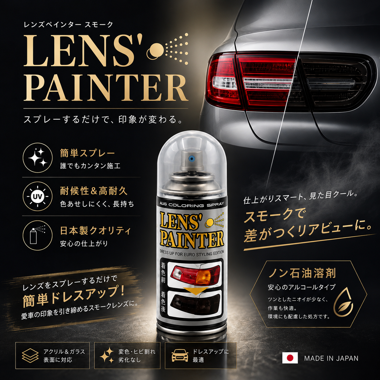 商品の特長一覧。簡単スプレー、耐候性＆高耐久、日本製クオリティ、ノン石油溶剤（アルコールタイプ）、アクリル＆ガラス表面に対応、変色・ヒビ割れの劣化なし、ドレスアップに最適、MADE IN JAPAN