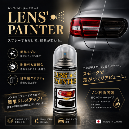 商品の特長一覧。簡単スプレー、耐候性＆高耐久、日本製クオリティ、ノン石油溶剤（アルコールタイプ）、アクリル＆ガラス表面に対応、変色・ヒビ割れの劣化なし、ドレスアップに最適、MADE IN JAPAN