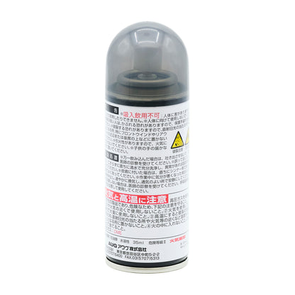 スプレー缶の裏面。警告表示。吸入飲用不可、人体に向けて使用しない、直射日光の当たる所や座席の上に置かない、引火性あり火気に注意、子供の手の届かない所に保管