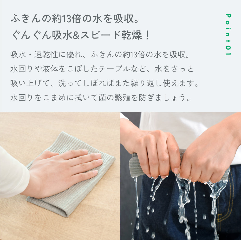 POINT01「ふきんの約13倍の水を吸収。ぐんぐん吸水＆スピード乾燥！」テーブルを拭く写真と、絞ると水がしたたる写真つき