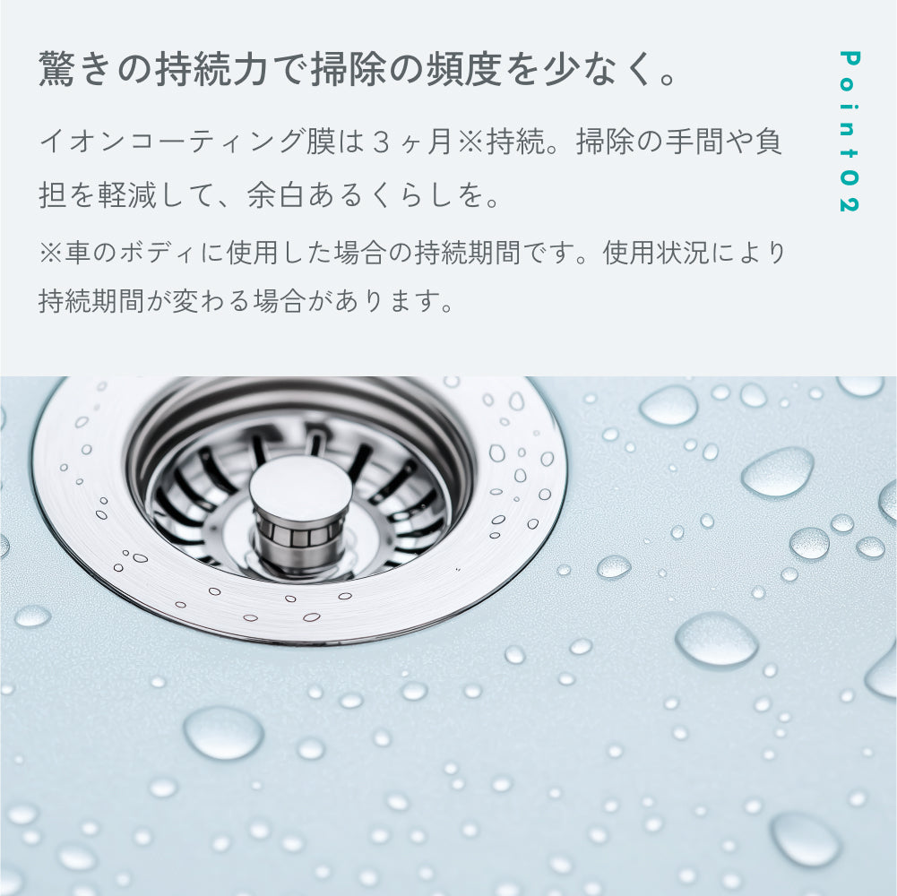 POINT02「驚きの持続力で掃除の頻度を少なく。」イオンコーティング膜は約3ヶ月持続（車のボディに使用した場合）。水をはじいているシンクの写真つき