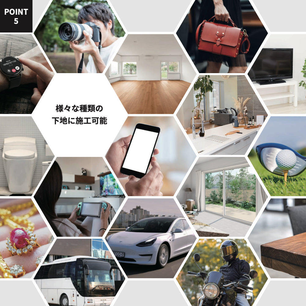 POINT5 様々な種類の下地に施工できることを示す写真一覧。スマートフォン、腕時計、カメラ、バッグ、テレビ、床、洗面台、トイレ、ゲーム機、宝飾品、窓ガラス、乗用車、バス、バイク、テーブル