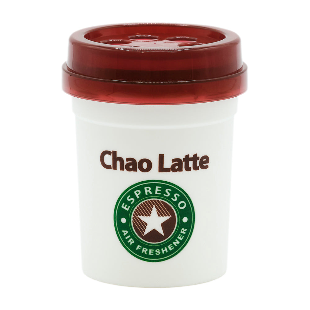 本体の写真。白いカップ形の容器にえんじ色のフタ。Chao Latte と ESPRESSO AIR FRESHENER の星のロゴ