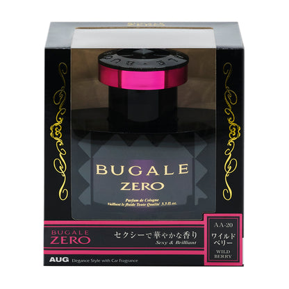 黒と金の化粧箱の正面。窓から本体が見える。BUGALE ZERO、Parfum de Cologne、Vaillant le fluide Toute Qualité 3.3 fl.oz. の表示。下の帯に「セクシーで華やかな香り Sexy & Brilliant」と、AA-20 ワイルドベリー WILD BERRY。AUG Elegance Style with Car Fragrance
