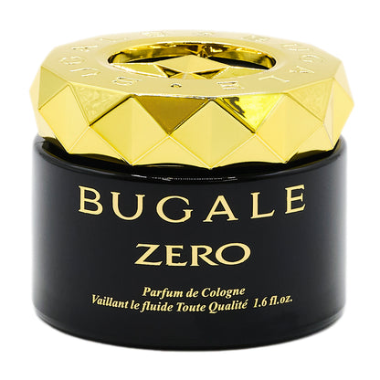 本体の写真。ゴールド色のダイヤカット状のキャップと黒い容器。BUGALE ZERO、Parfum de Cologne 1.6 fl.oz. の表示