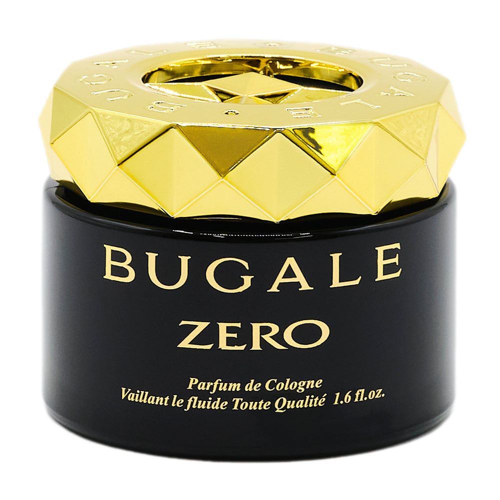 本体の写真。ゴールド色のダイヤカット状のキャップと黒い容器。BUGALE ZERO、Parfum de Cologne 1.6 fl.oz. の表示