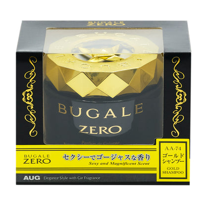 ブガールゼロゲル ゴールドシャンプー（AA-74）の化粧箱の正面。BUGALE ZERO、セクシーでゴージャスな香り（Sexy and Magnificent Scent）、ゴールドシャンプー GOLD SHAMPOO の表示。ゴールド色のキャップ