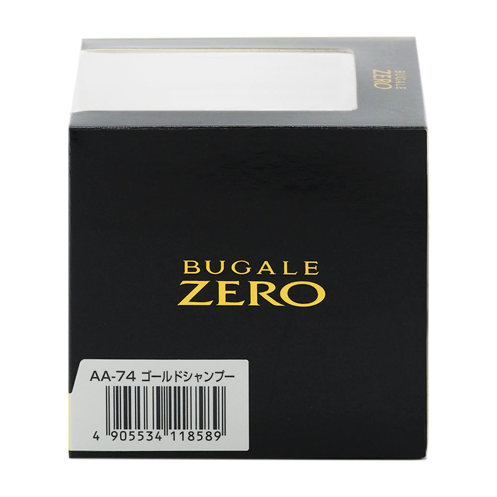 化粧箱の側面。BUGALE ZERO のロゴと、品番AA-74 ゴールドシャンプー のバーコード