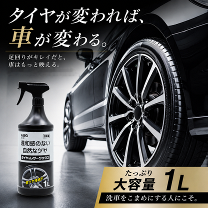 黒い車のタイヤとホイールの写真。「タイヤが変われば、車が変わる。足回りがキレイだと、車はもっと映える」のコピーと1Lボトル