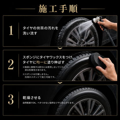 施工手順の写真。1 タイヤの側面の汚れを洗い流す、2 スポンジにタイヤワックスをつけてタイヤに均一に塗り伸ばす、3 乾燥させる。路面と接触する部分には使用しない、スポンジは付属しない旨の注記あり