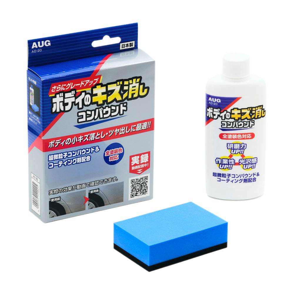セット内容一式。パッケージ箱、白いボトル、青い専用スポンジ