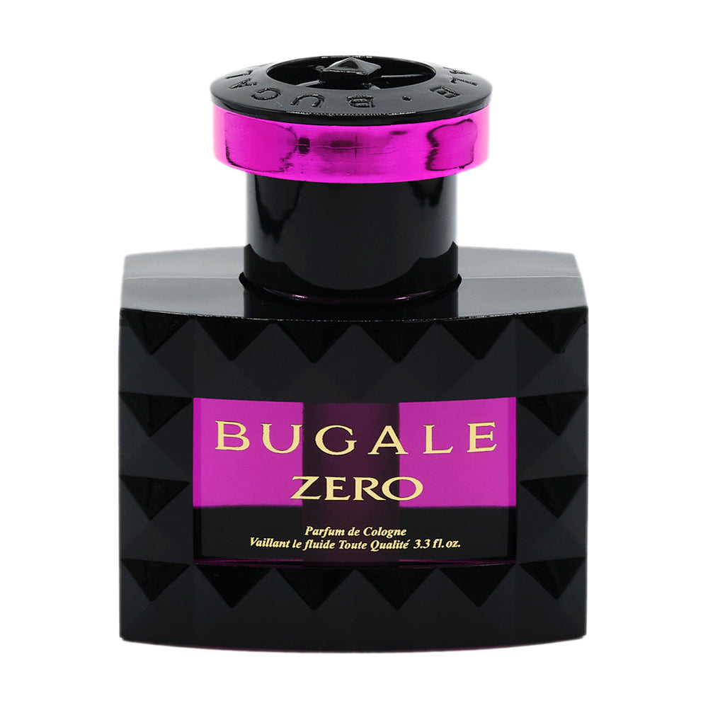 本体の写真。黒いダイヤカット状のボトルにピンクのリングと黒いキャップ。BUGALE ZERO、Parfum de Cologne、Vaillant le fluide Toute Qualité 3.3 fl.oz. の表示