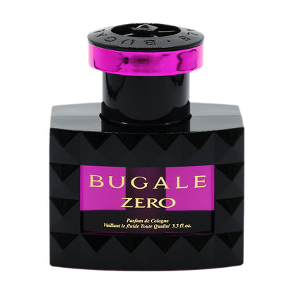 本体の写真。黒いダイヤカット状のボトルにピンクのリングと黒いキャップ。BUGALE ZERO、Parfum de Cologne、Vaillant le fluide Toute Qualité 3.3 fl.oz. の表示