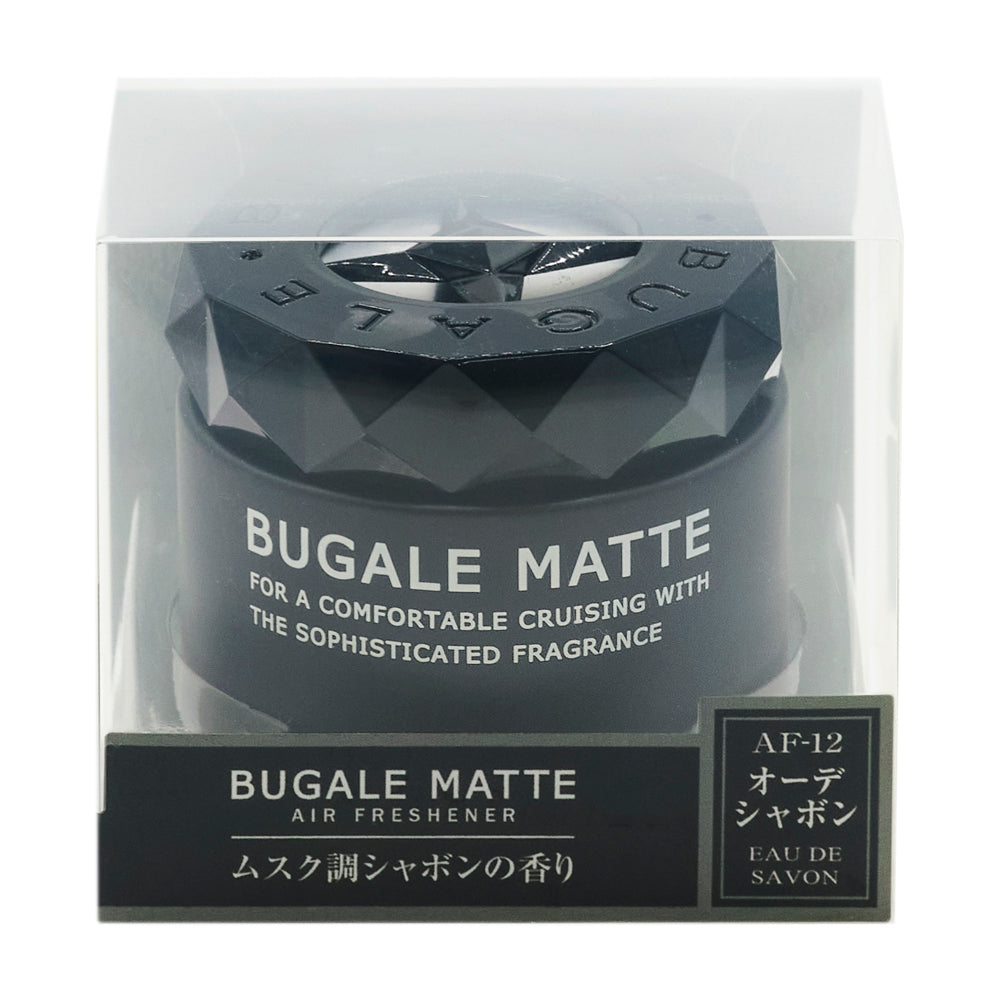 透明ケースに入った黒い容器の化粧箱の正面。BUGALE MATTE、FOR A COMFORTABLE CRUISING WITH THE SOPHISTICATED FRAGRANCE の表示。下の帯に BUGALE MATTE AIR FRESHENER「ムスク調シャボンの香り」と、AF-12 オーデシャボン EAU DE SAVON のラベル