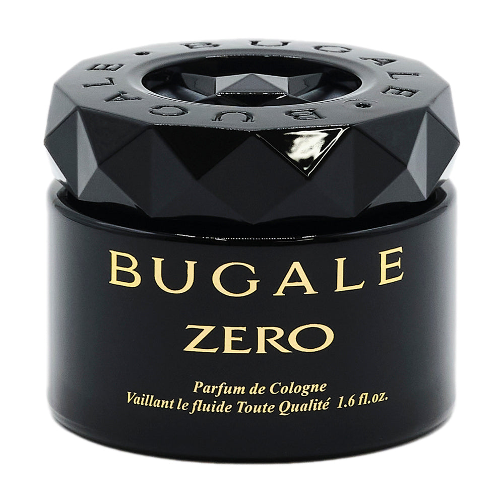 本体の写真。ブラック色のダイヤカット状のキャップと黒い容器。BUGALE ZERO、Parfum de Cologne 1.6 fl.oz. の表示