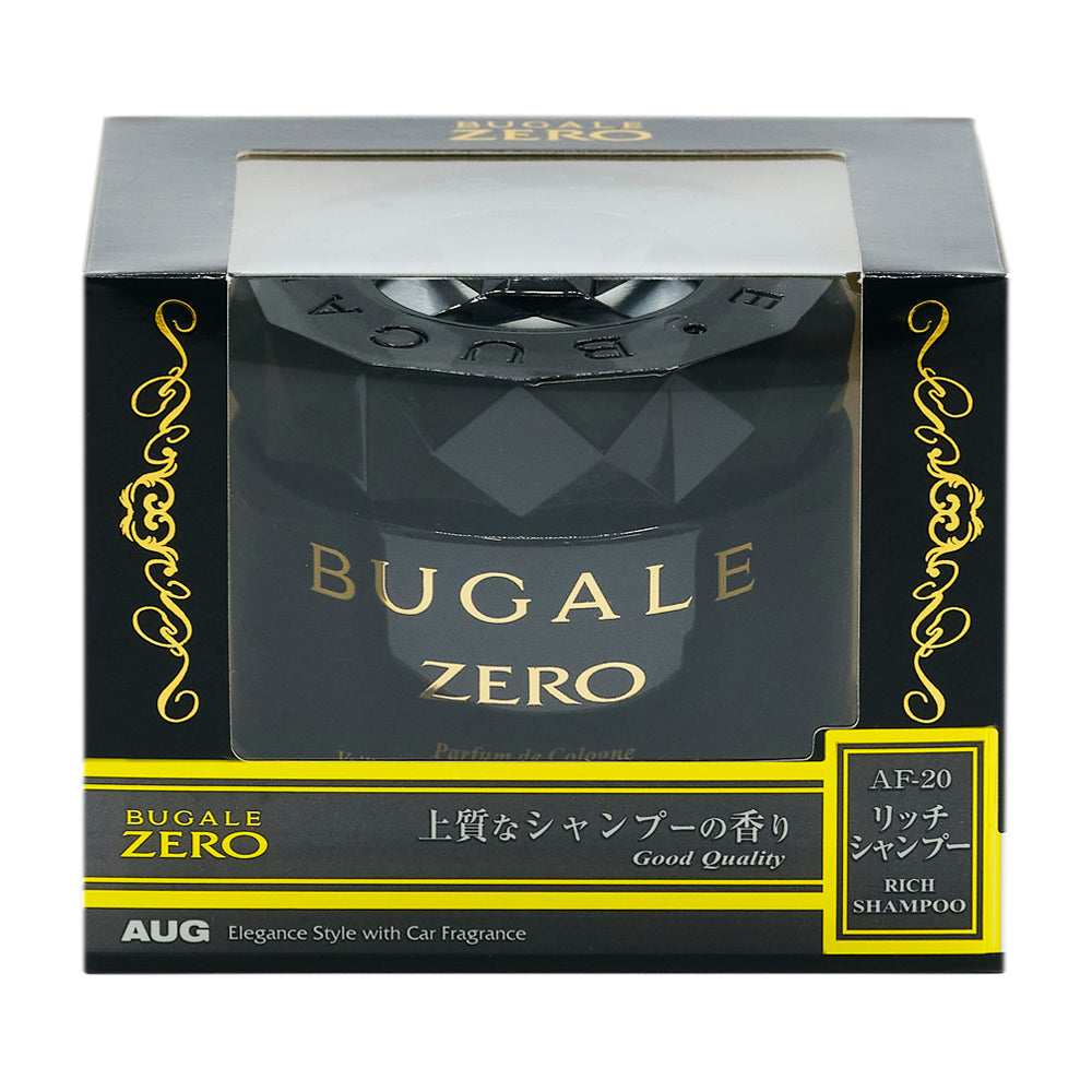 ブガールゼロゲル リッチシャンプー（AF-20）の化粧箱の正面。BUGALE ZERO、上質なシャンプーの香り（Good Quality）、リッチシャンプー RICH SHAMPOO の表示。ブラック色のキャップ