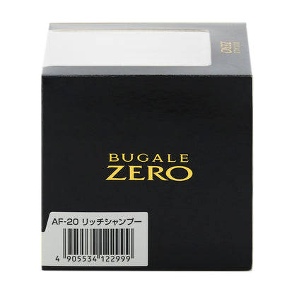化粧箱の側面。BUGALE ZERO のロゴと、品番AF-20 リッチシャンプー のバーコード