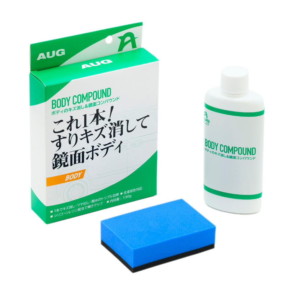 セット内容の写真。化粧箱と、白いボトル入りの液剤、青と黒の専用スポンジが並んでいる。