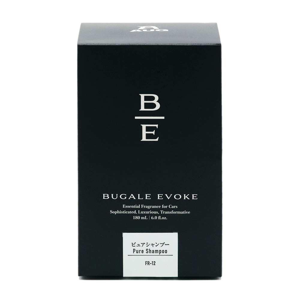 黒い化粧箱の正面。B/Eのモノグラム、BUGALE EVOKE、Essential Fragrance for Cars、Sophisticated, Luxurious, Transformative、180 mL ・ 6.0 fl.oz. の表示。白のラベルに ピュアシャンプー Pure Shampoo と品番FR-12