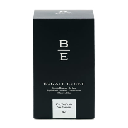 黒い化粧箱の正面。B/Eのモノグラム、BUGALE EVOKE、Essential Fragrance for Cars、Sophisticated, Luxurious, Transformative、180 mL ・ 6.0 fl.oz. の表示。白のラベルに ピュアシャンプー Pure Shampoo と品番FR-12