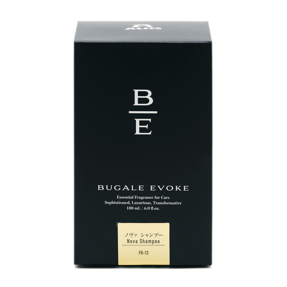 黒い化粧箱の正面。B/Eのモノグラム、BUGALE EVOKE、Essential Fragrance for Cars、Sophisticated, Luxurious, Transformative、180 mL ・ 6.0 fl.oz. の表示。クリーム色のラベルに ノヴァ シャンプー Nova Shampoo と品番FR-13