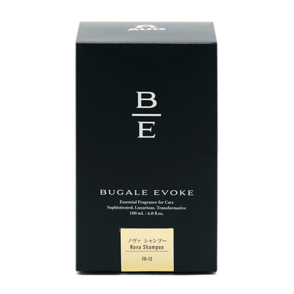 黒い化粧箱の正面。B/Eのモノグラム、BUGALE EVOKE、Essential Fragrance for Cars、Sophisticated, Luxurious, Transformative、180 mL ・ 6.0 fl.oz. の表示。クリーム色のラベルに ノヴァ シャンプー Nova Shampoo と品番FR-13