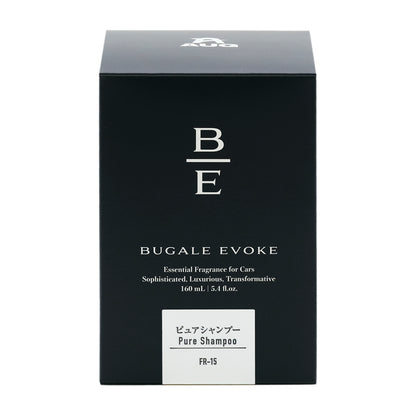 黒い化粧箱の正面。B/Eのモノグラム、BUGALE EVOKE、Essential Fragrance for Cars、Sophisticated, Luxurious, Transformative、160 mL ・ 5.4 fl.oz. の表示。白のラベルに ピュアシャンプー Pure Shampoo と品番FR-15