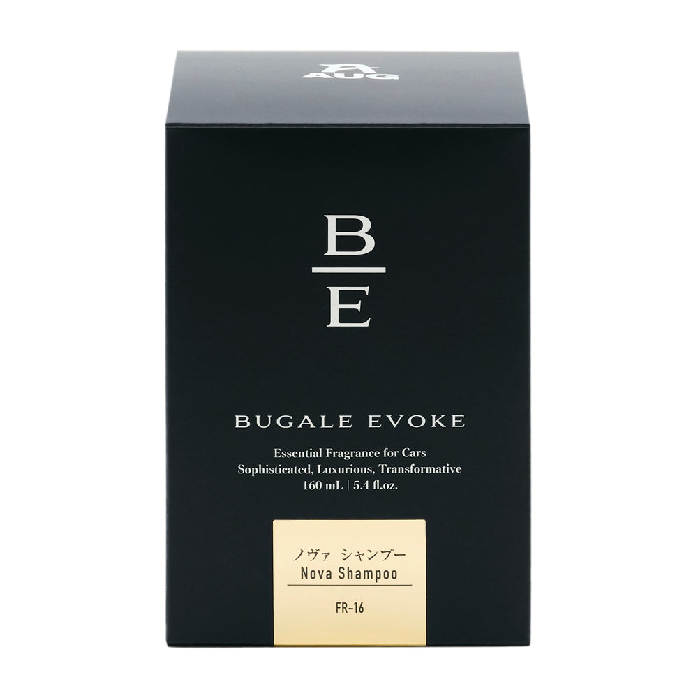 黒い化粧箱の正面。B/Eのモノグラム、BUGALE EVOKE、Essential Fragrance for Cars、Sophisticated, Luxurious, Transformative、160 mL ・ 5.4 fl.oz. の表示。クリーム色のラベルに ノヴァ シャンプー Nova Shampoo と品番FR-16