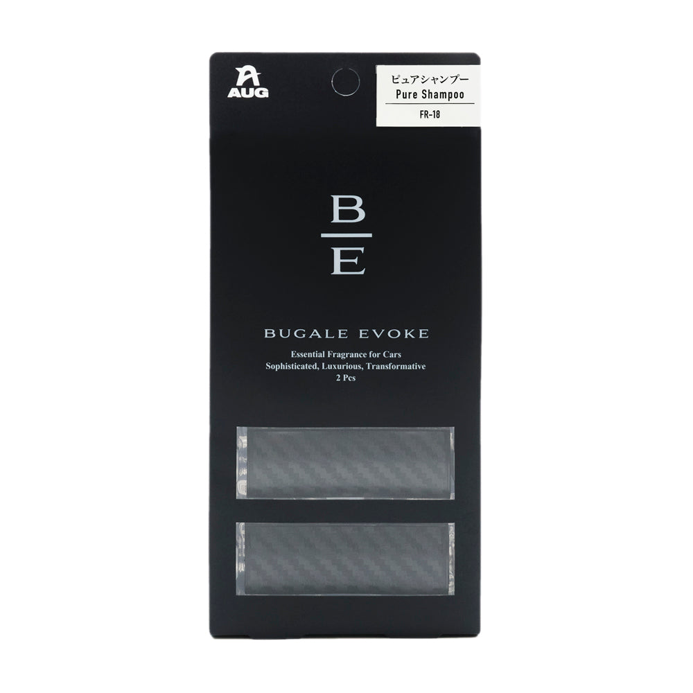 吊り下げ式の黒い台紙パッケージの正面。B/Eのモノグラム、BUGALE EVOKE、Essential Fragrance for Cars、2 Pcs の表示。白のラベルに ピュアシャンプー Pure Shampoo と品番FR-18。窓から本体2個が見える
