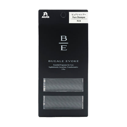 吊り下げ式の黒い台紙パッケージの正面。B/Eのモノグラム、BUGALE EVOKE、Essential Fragrance for Cars、2 Pcs の表示。白のラベルに ピュアシャンプー Pure Shampoo と品番FR-18。窓から本体2個が見える