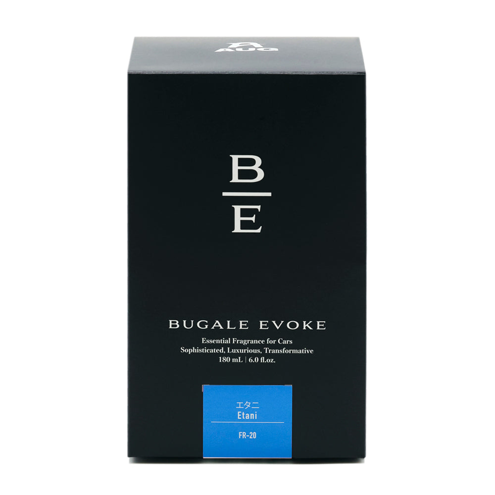 黒い化粧箱の正面。B/Eのモノグラム、BUGALE EVOKE、Essential Fragrance for Cars、Sophisticated, Luxurious, Transformative、180 mL ・ 6.0 fl.oz. の表示。青のラベルに エタニ Etani と品番FR-20