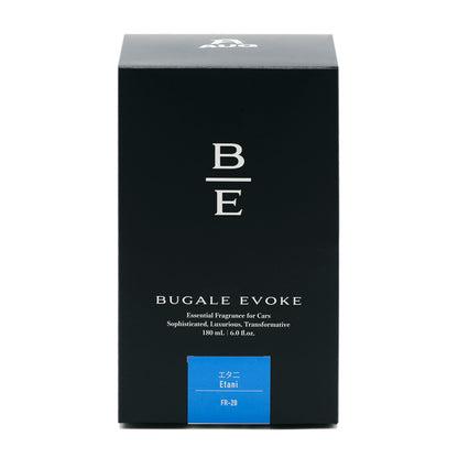 黒い化粧箱の正面。B/Eのモノグラム、BUGALE EVOKE、Essential Fragrance for Cars、Sophisticated, Luxurious, Transformative、180 mL ・ 6.0 fl.oz. の表示。青のラベルに エタニ Etani と品番FR-20