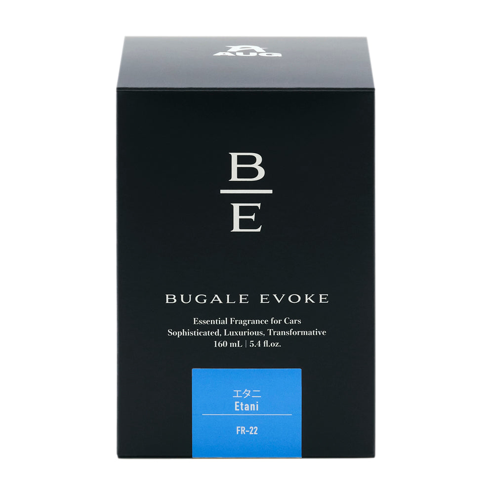 黒い化粧箱の正面。B/Eのモノグラム、BUGALE EVOKE、Essential Fragrance for Cars、Sophisticated, Luxurious, Transformative、160 mL ・ 5.4 fl.oz. の表示。青のラベルに エタニ Etani と品番FR-22