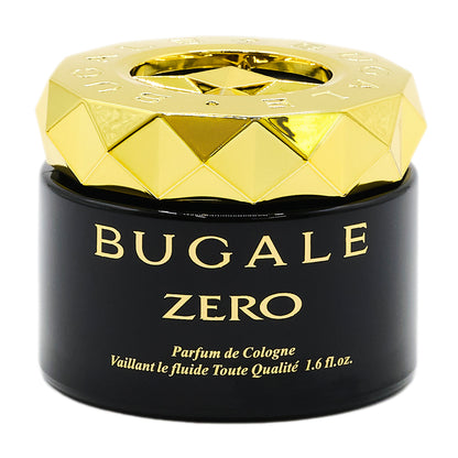 本体の写真。ゴールド色のダイヤカット状のキャップと黒い容器。BUGALE ZERO、Parfum de Cologne 1.6 fl.oz. の表示