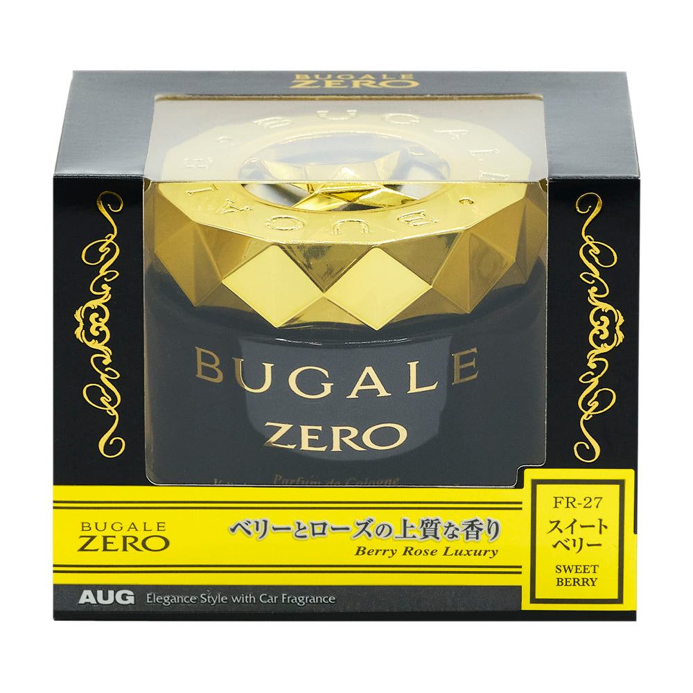 ブガールゼロゲル スイートベリー（FR-27）の化粧箱の正面。BUGALE ZERO、ベリーとローズの上質な香り（Berry Rose Luxury）、スイートベリー SWEET BERRY の表示。ゴールド色のキャップ