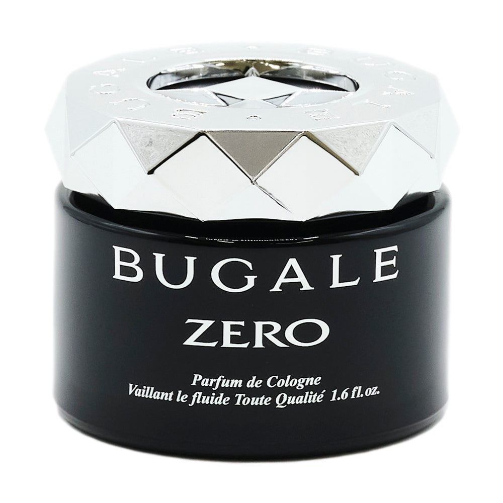 本体の写真。シルバー色のダイヤカット状のキャップと黒い容器。BUGALE ZERO、Parfum de Cologne 1.6 fl.oz. の表示