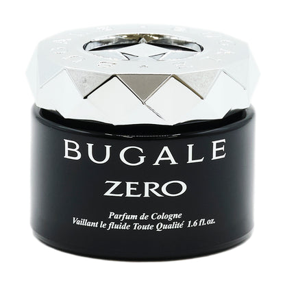 本体の写真。シルバー色のダイヤカット状のキャップと黒い容器。BUGALE ZERO、Parfum de Cologne 1.6 fl.oz. の表示
