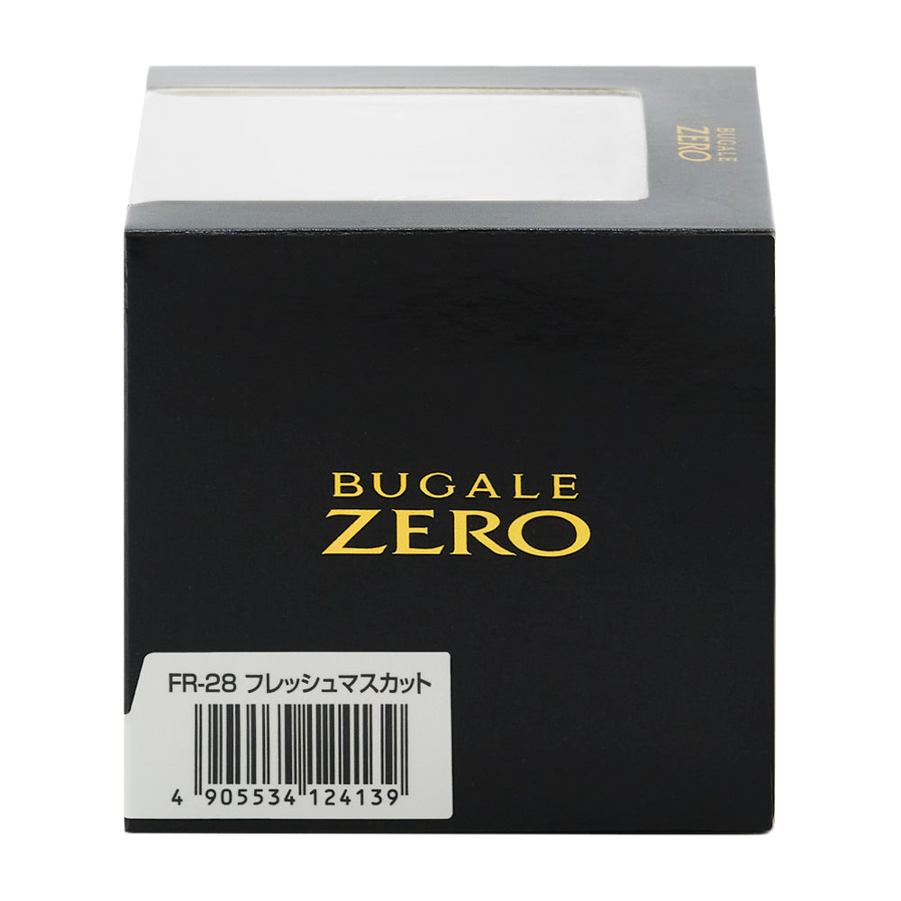 化粧箱の側面。BUGALE ZERO のロゴと、品番FR-28 フレッシュマスカット のバーコード
