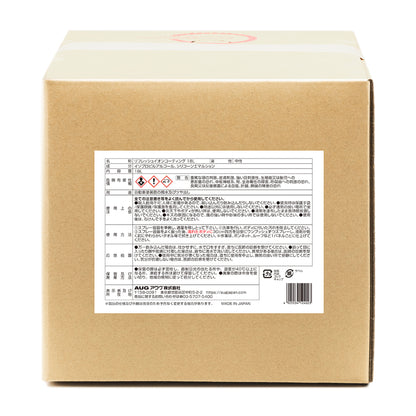箱裏面の表示ラベル。名称はリフレッシュイオンコーティング 18L、液性は中性、成分はイソプロピルアルコール・シリコーンエマルション、内容量18L、用途は自動車塗装面の撥水及びツヤ出し。使用方法は、スプレー容器に適量を移し、洗車後、濡れたボディに30cm四方を目安にワンプッシュずつスプレーし、やわらかいタオルで拭き上げる、と書かれている。