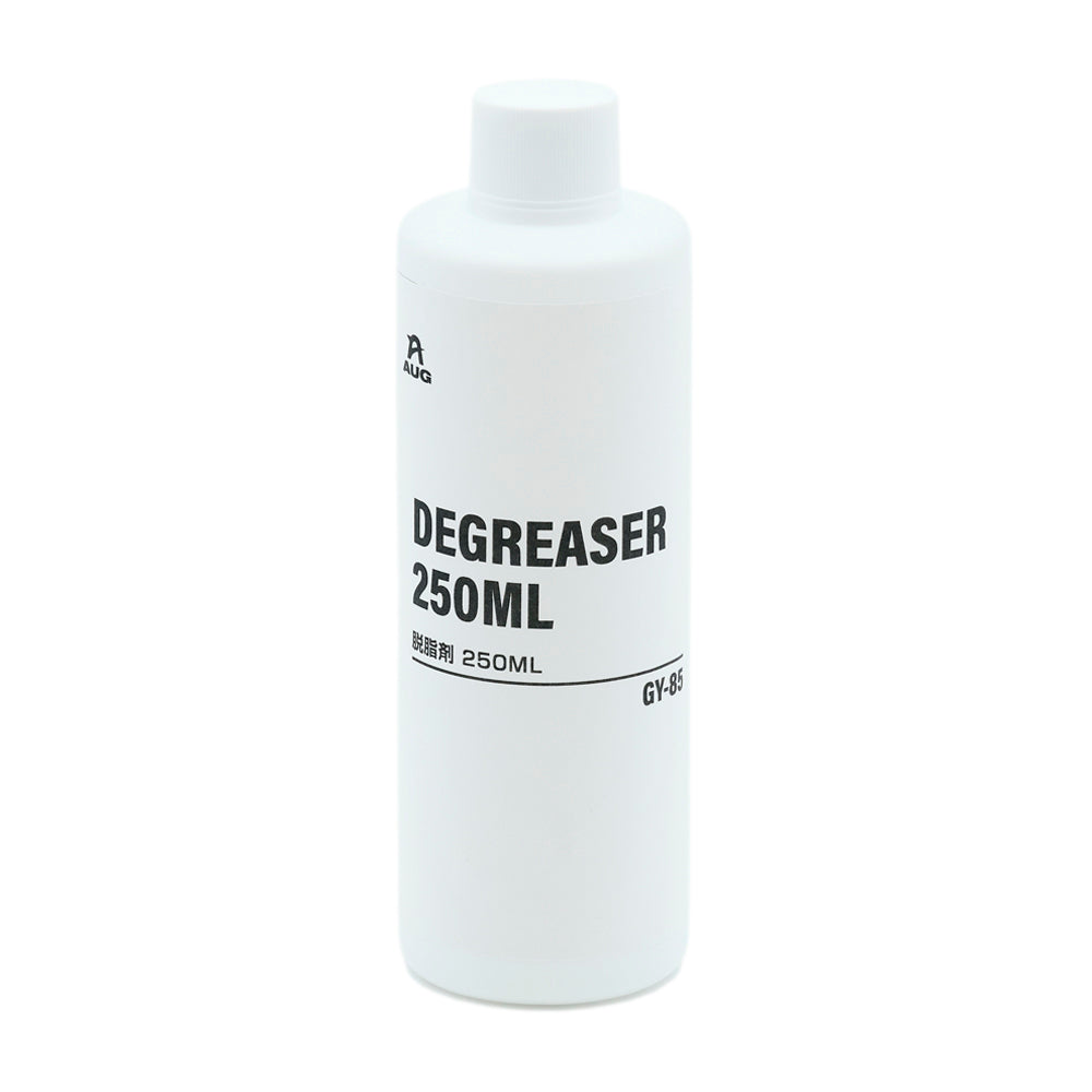 白いボトルの正面。白いラベルにAUGマーク、DEGREASER 250ML、脱脂剤 250ML、品番GY-85と書かれている。