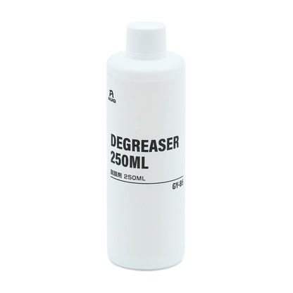 白いボトルの正面。白いラベルにAUGマーク、DEGREASER 250ML、脱脂剤 250ML、品番GY-85と書かれている。