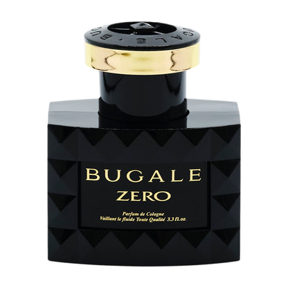 本体の写真。黒いダイヤカット状のボトルに金色のリングと黒いキャップ。BUGALE ZERO、Parfum de Cologne、Vaillant le fluide Toute Qualité 3.3 fl.oz. の表示