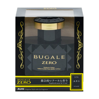 黒と金の化粧箱の正面。窓から本体が見える。BUGALE ZERO、Parfum de Cologne、Vaillant le fluide Toute Qualité 3.3 fl.oz. の表示。下の帯に「都会的でクールな香り Sophisticated & Cool」と、I-74 エタニ ETANI。AUG Elegance Style with Car Fragrance
