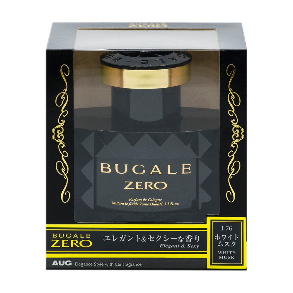 黒と金の化粧箱の正面。窓から本体が見える。BUGALE ZERO、Parfum de Cologne、Vaillant le fluide Toute Qualité 3.3 fl.oz. の表示。下の帯に「エレガント＆セクシーな香り Elegant & Sexy」と、I-76 ホワイトムスク WHITE MUSK。AUG Elegance Style with Car Fragrance