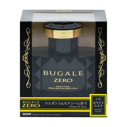 黒と金の化粧箱の正面。窓から本体が見える。BUGALE ZERO、Parfum de Cologne、Vaillant le fluide Toute Qualité 3.3 fl.oz. の表示。下の帯に「エレガント＆セクシーな香り Elegant & Sexy」と、I-76 ホワイトムスク WHITE MUSK。AUG Elegance Style with Car Fragrance