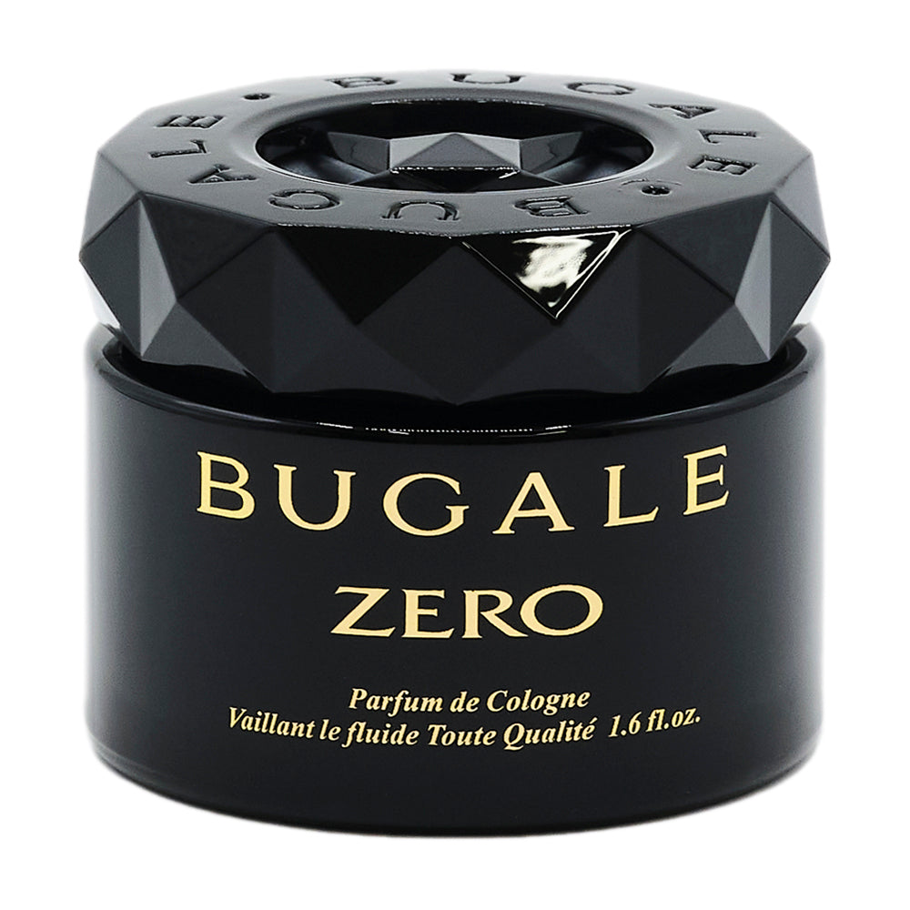 本体の写真。ブラック色のダイヤカット状のキャップと黒い容器。BUGALE ZERO、Parfum de Cologne 1.6 fl.oz. の表示