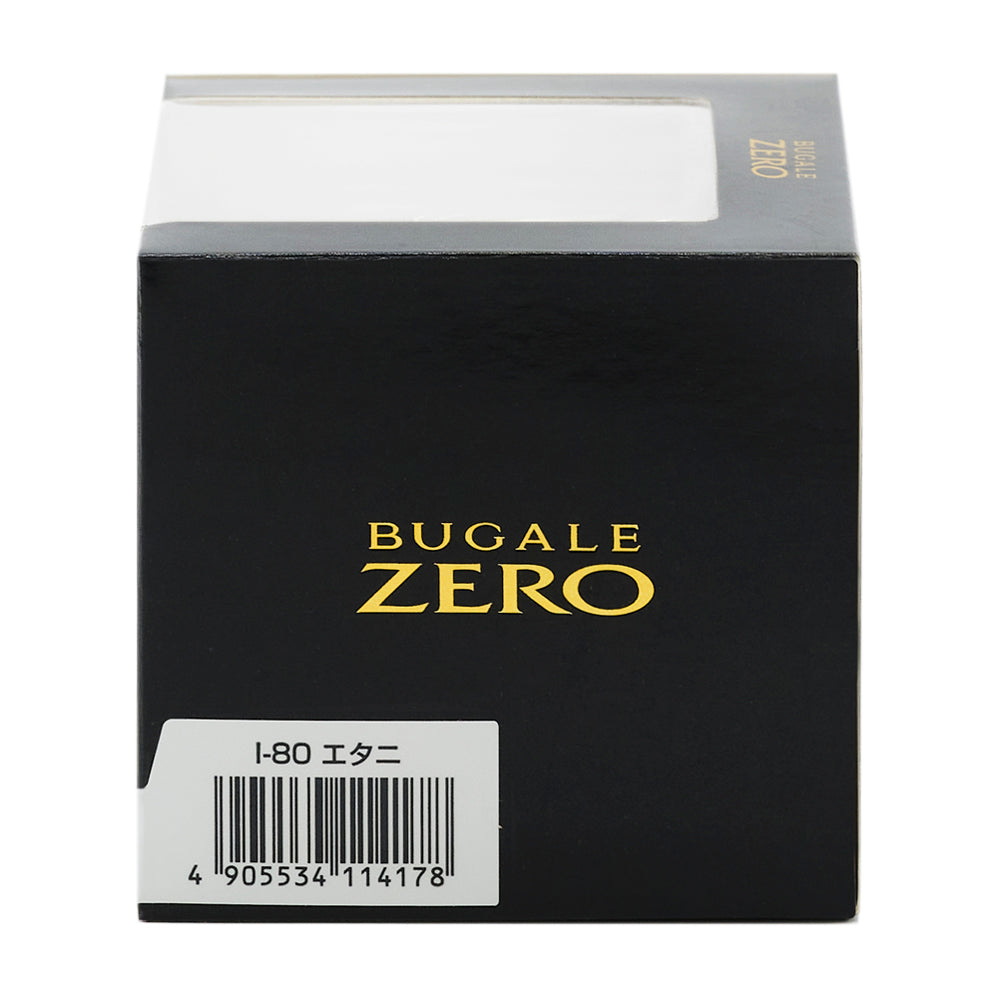 化粧箱の側面。BUGALE ZERO のロゴと、品番I-80 エタニ のバーコード